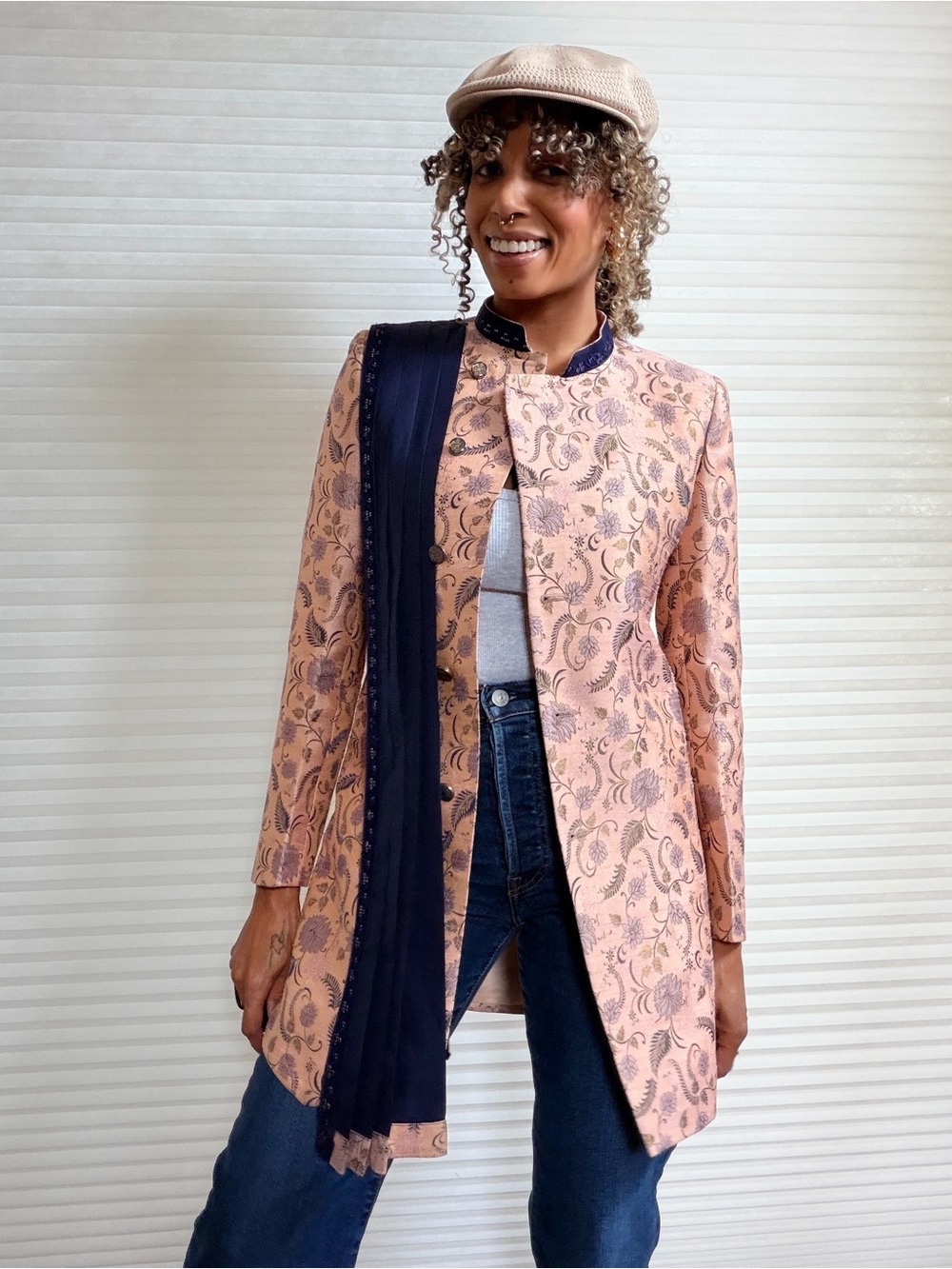 Vintage Brocade Floral Longline Jacket with Embellished Chiffon Scarf
